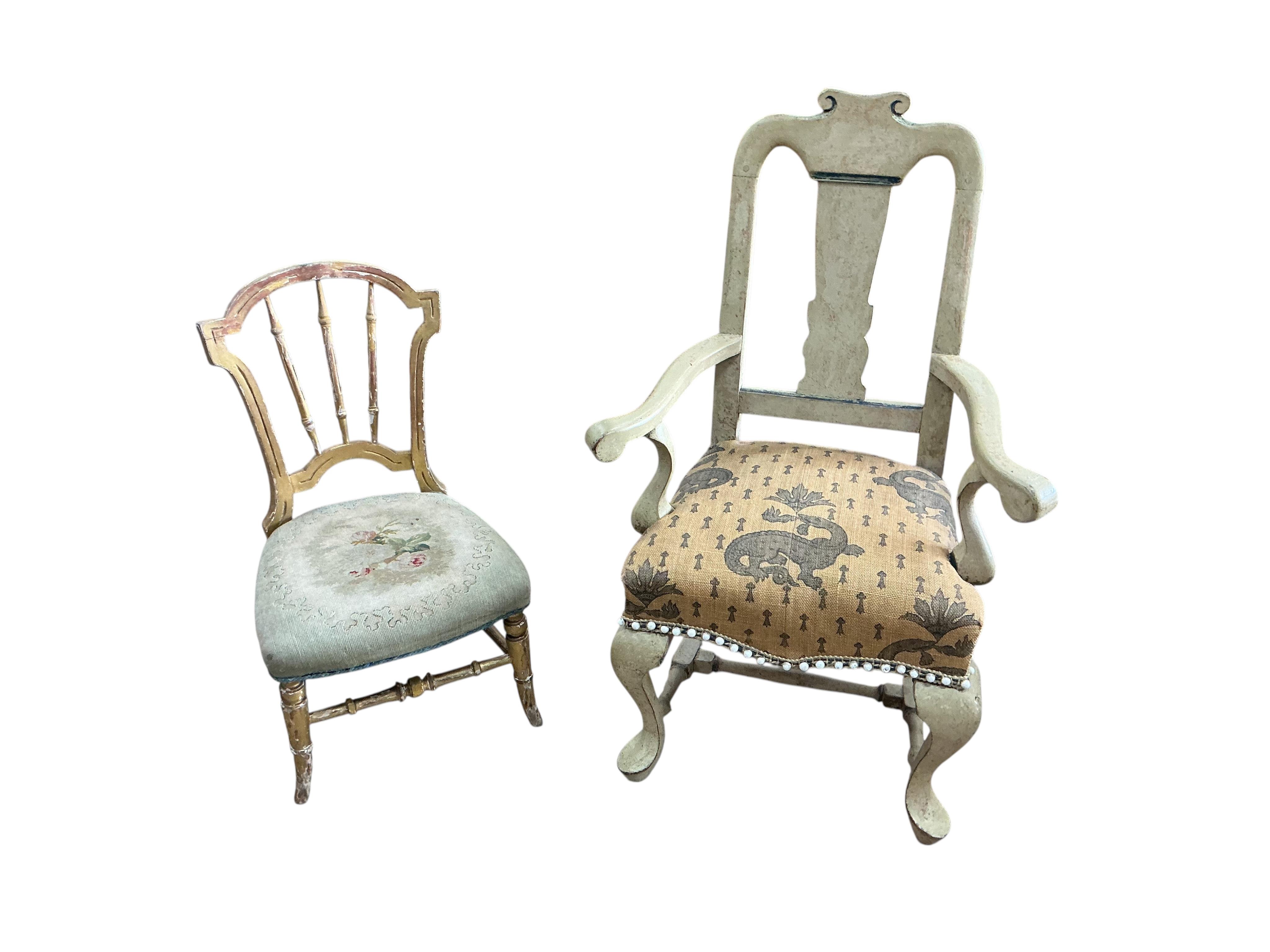 A painted George I style child's elbow chair, width 48cm, depth 33cm, height 78cm together with a giltwood child's chair with floral tapestry seat